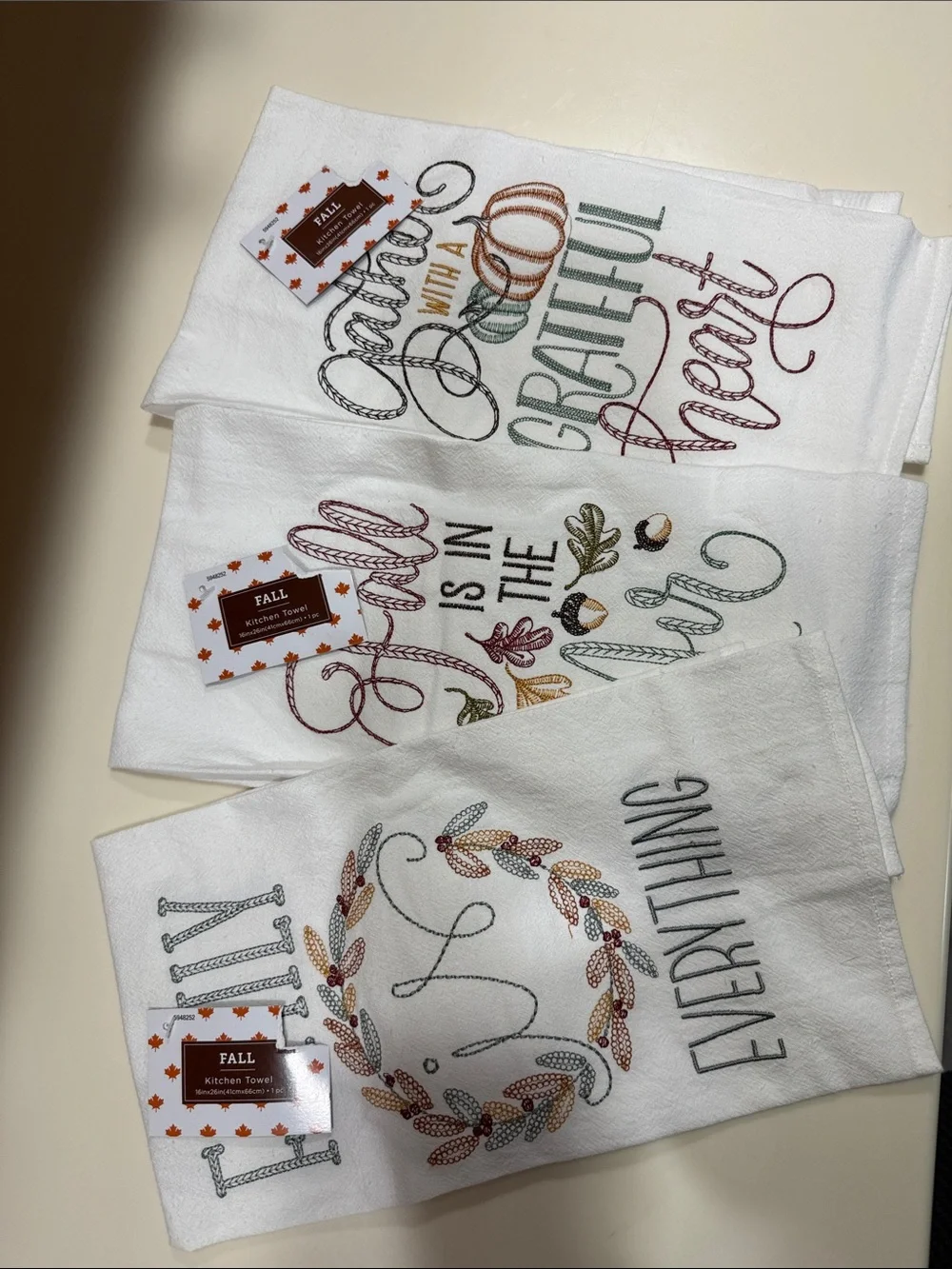 3 Fall Embroidered Kitchen Towels - Autumn White Set